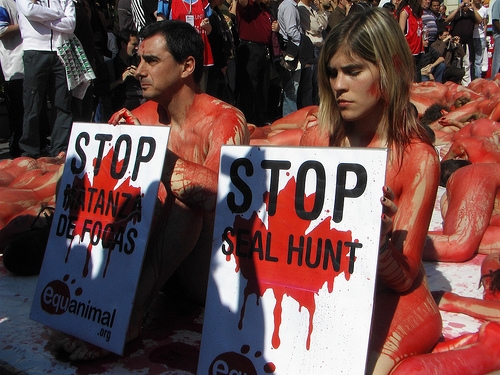 100 Nude Activists Protest Canadian Seal Hunt in Spain