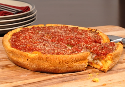 What’s a good deep dish cheese pizza recipe with thick cheese and sauce layer?